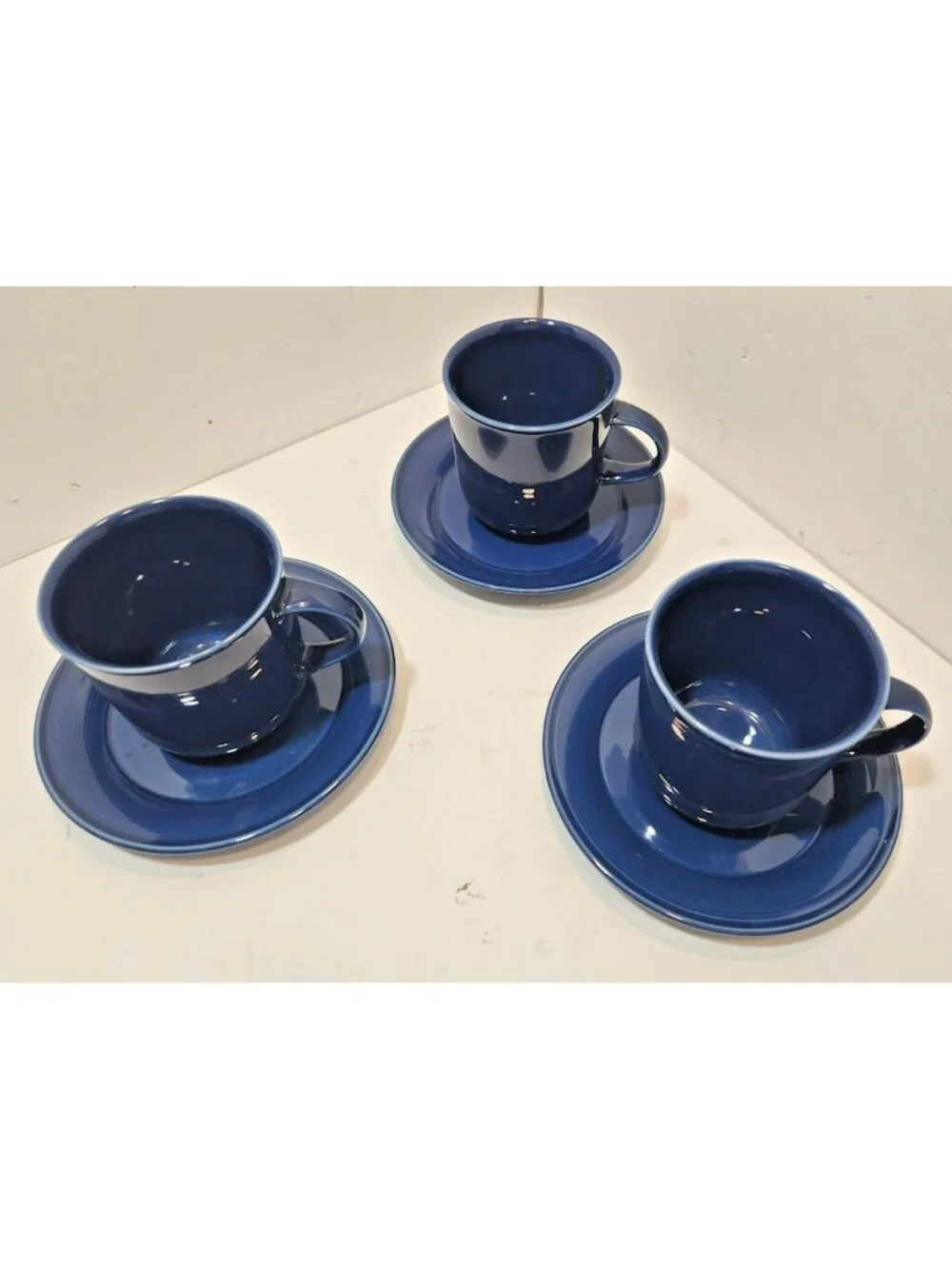Vtg Set 3 Nancy Calhoun Stoneware Sapphire Blue Cups & Saucers